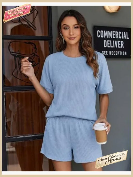 Ribbed Knit Lounge Set Short Sleeve Top with Pocket Shorts Matching Outfit - Picture 2 of 5